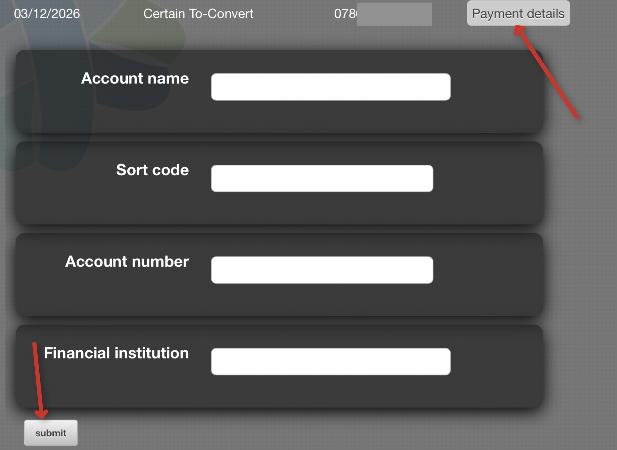Payment details form for completing a callback pledge